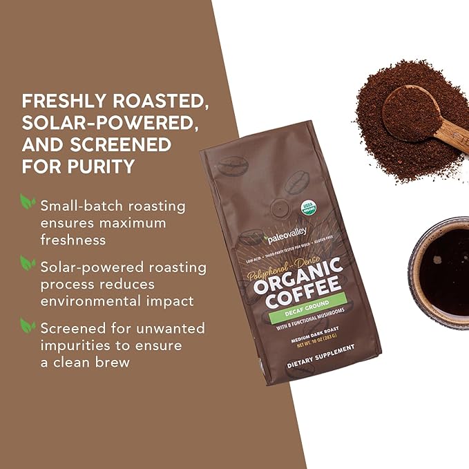 Paleovalley Organic Ground Coffee, 10oz - Decaf, Low Acid, Single-Origin, Polyphenol-Rich, Infused with Mushrooms