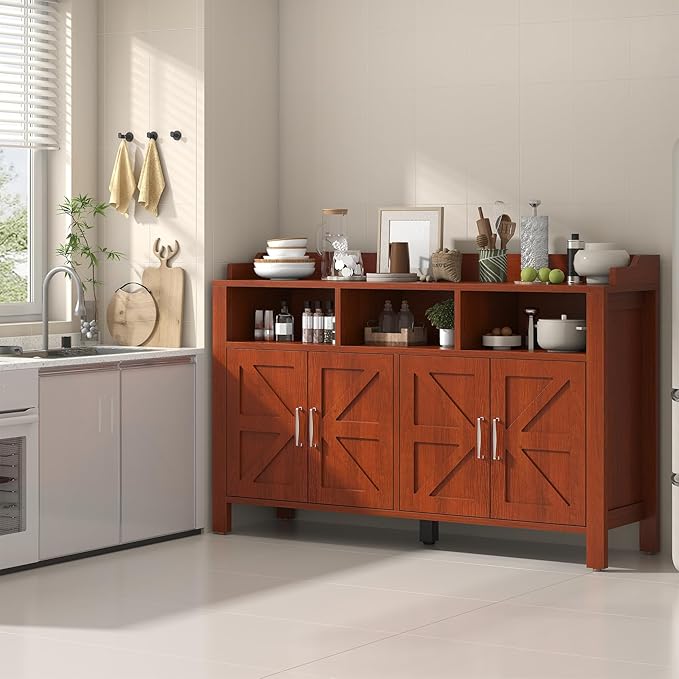 Buffet Cabinet with Storage Farmhouse with 4 Doors and 3 Open Compartments, 55'' Large Kitchen Storage Cabinet Cherry Wood Coffee Bar Buffet Sideboard for Kitchen, Dining Room, Living Room