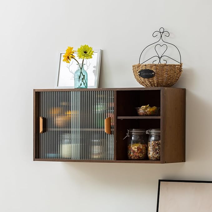 Wall Mounted Bamboo Countertop Storage Cabinet with Glass Door, Hanging Kitchen Cupboard with Adjustable Shelves, Small Pantry Sideboard for Dining Room, Bathroom, Walnut