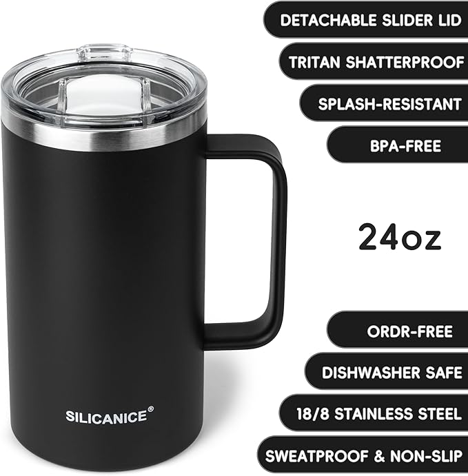 24oz Insulated Coffee Mug Cup With Handle, 304 Stainless Steel Vacuum Insulation, Tritan Detachable Slider Lid, BPA Free, Dishwasher Safe - Office & Home - Black