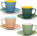 Tea Cups and Saucers, 7.5 OZ Large Espresso Cups Set of 4, Porcelain Coffee Mug and Saucer, Dishwasher & Microwave Safe for Cappuccino, Latte, Mocha, Tea Party, Birthday Gift