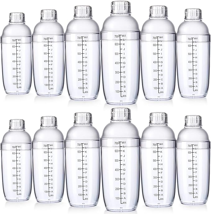 Lallisa 12 Pcs Plastic Cocktail Shaker Drink Mixer with Scales and Strainer Top Clear Shaker Cup with Measurement Plastic Bar Mixing Tool for Tea Coffee Bubble Tea Milk(700 Cc/ 24 oz)