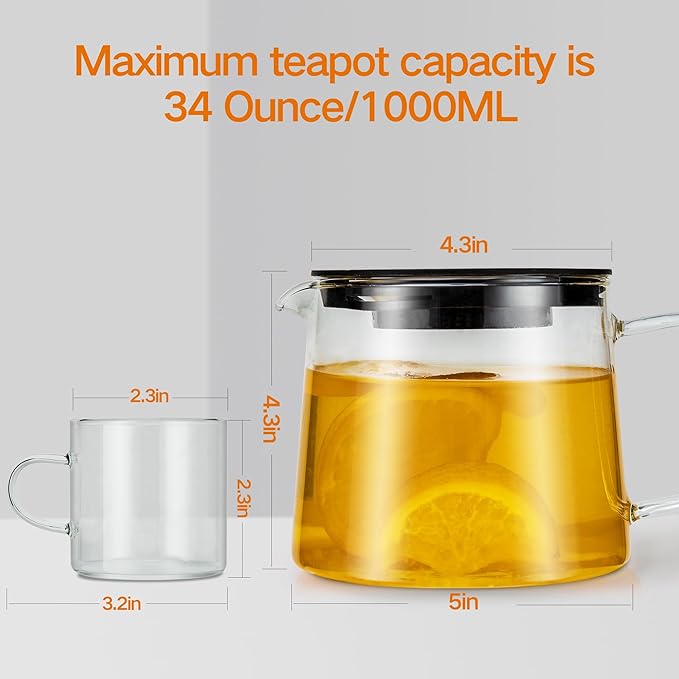 Glass Teapot 34oz/1000ml with 4 Pack Tea Cups Gift Set, Removable Stainless Steel Infuser Tea pot, Heatproof Borosilicate Glass Tea Make, Stovetop Safe Glass Tea Kettle for Loose