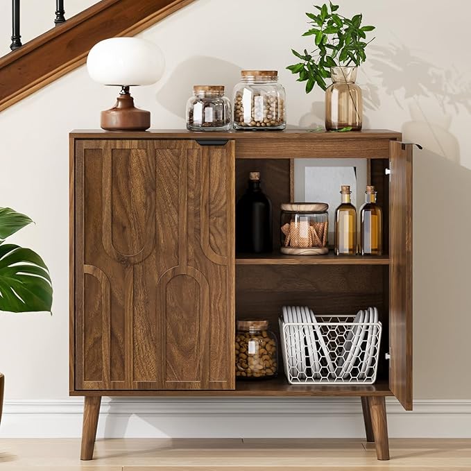 Sideboard Buffet Cabinet with Storage, Kitchen Storage Cabinet with 2 Doors, Walnut Coffee Bar Sideboard Cupboard, for Living Room, Hallway