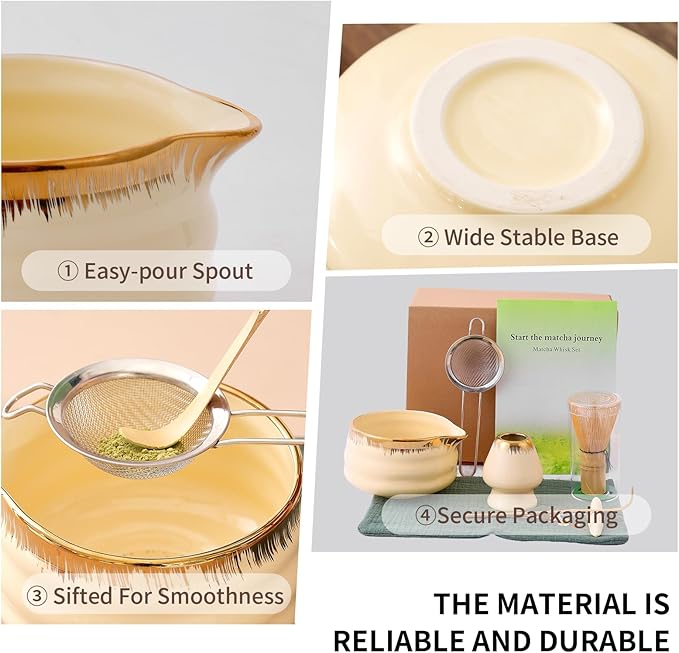 7-Piece Matcha Whisk Set – Yellow Spouted Ceramic Bowl with Golden Texture + Bamboo Whisk, Ceremonial Matcha Kit for Breakfast/Latte, Starter Tea Tools for Matcha Lovers
