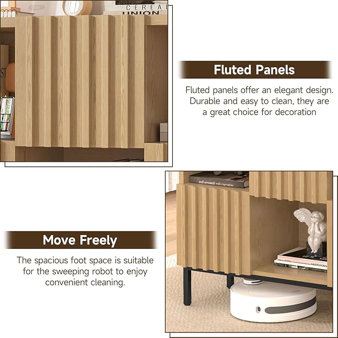 Vabches Fluted Short Bookcase, 6 Cube Storage Organizer with Doors, Modern 2-Tier Open Bookshelf for Home and Office, Wood Floor Standing Display Cabinet Rack, Natural
