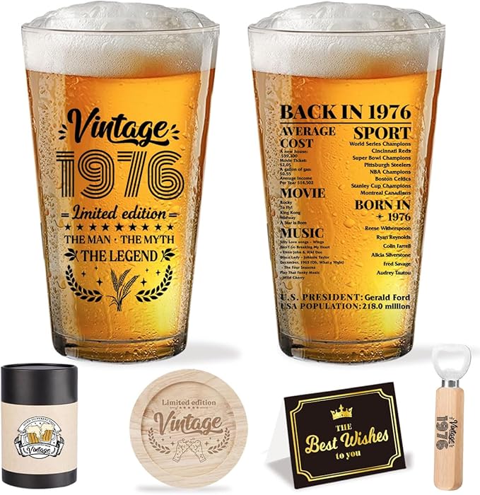 50th Birthday Gifts for Him 50 Year Old Men Birthday Gifts Vintage 1976 Beer Drinking Glass Cool 50th Birthday Gifts Happy Anniversary 50th Birthday Party Supplies Decorations