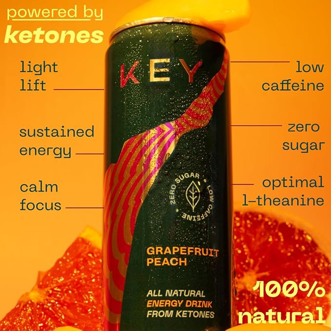 KEY Ketone Drink - Ketones for Energy & Focus, Sugar Free & Low Caffeine from Green Tea with L-Theanine, No Crash or Jitters, All Natural, Lightly Carbonated, Grapefruit Peach (Pack of 12)