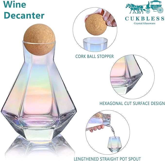 CUKBLESS Wine Decanter And Glasses Set of 4, Diamond Iridescent Wine Carafe With Cork Ball Stopper, Hand Blown Glass, for Wine Lovers