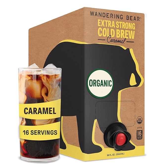 Wandering Bear Organic Caramel Cold Brew Coffee On Tap, Iced Coffee Drink - Extra Strong, Bold, Smooth, No Sugar Added, Shelf-Stable, Ready to Drink,Gluten Free & Vegan -16 Servings of 6fl.oz -96fl.oz
