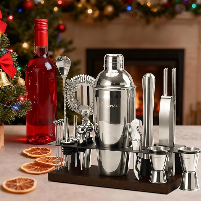 23-Piece Bartender Kit, Cocktail Shaker Set with Stand | Bar Drink Mixer Set with All Essential Bar Tools: Martini Shaker, Jigger, Strainer, Muddler, Pourers, for Home, Bar, Party (Black)