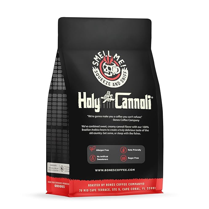 Bones Coffee Company Holy Cannoli, Baked Cannoli Flavored Coffee, Medium Roast Low Acid Arabica Beans Compatible with Auto drip and French Press Coffee Maker, 12 Oz Ground