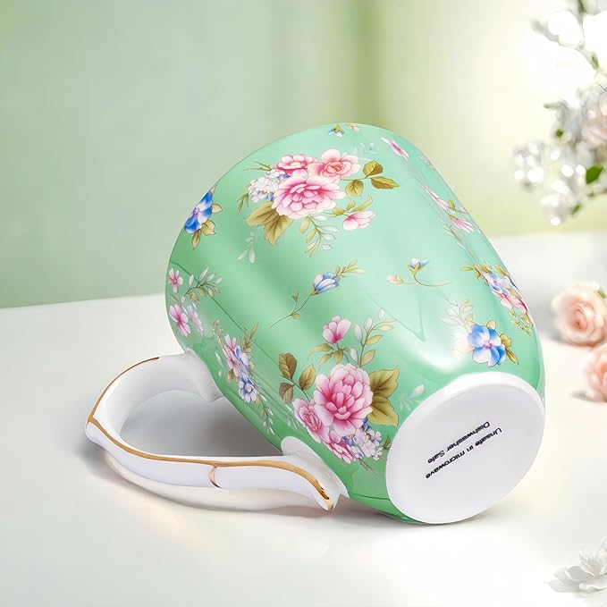 13oz Bone China Floral Mug with Gold Bone China Coffee Mugs Bone Teacup Christmas Mugs Birthday Gifts for Women Mom Friends Coworker