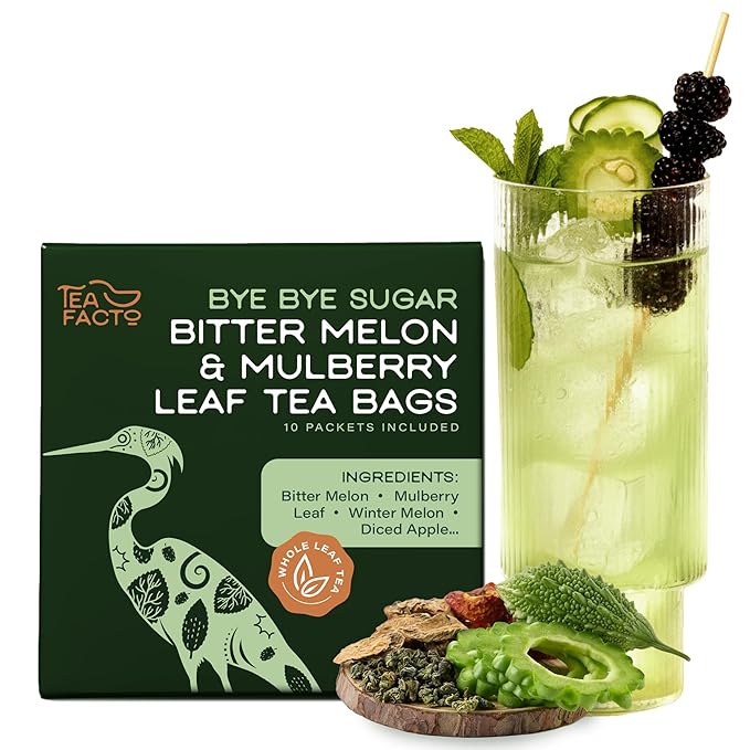 Tea Facto Bye Bye Sugar* Bitter Melon & Mulberry Tea Bags for Natural Sugar Spike Balance - TCM Wellness Tea - Natural Fibers, Zero Added Sugar, Uncaffeinated - 10 Count