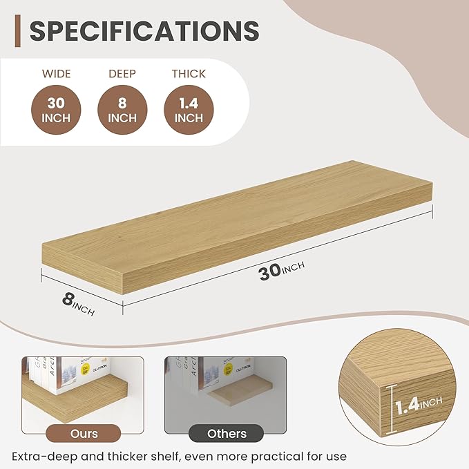 30 Inch Floating Shelves, 8 Inch Deep Floating Shelves for Wall, Hanging Shelf with Invisible Brackets, Deep Shelves for Bathroom, Bedroom, Living Room, Oak, Set of 2