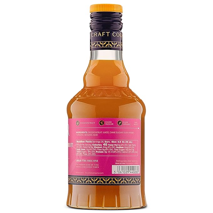 Liber & Co. Tropical Passion Fruit Syrup - Makes 25 Drinks - 50% Passionfruit Juice - Perfect for Craft Cocktails, Hurricanes, Margaritas, Tiki Drinks & Sodas (12.7 oz)