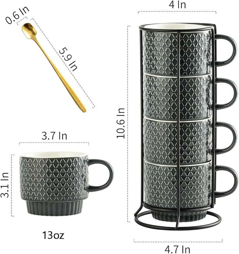 Gomakren Coffee Mugs Set of 4, 13 Ounce Stackable Coffee Mug Set with Stand, Christmas Stoneware Coffee Cup with Spoon for Coffee, Milk, Tea, Cocoa, Grey