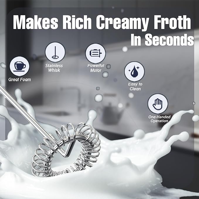 Handheld Milk Frother, Fast Powerful Drink Mixer Battery operated with Stainless Steel Whisk for Coffee (Silver with Stand)