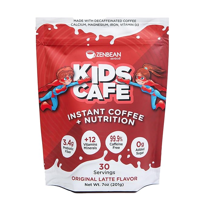 Zenbean Kids Cafe - Sugar Free Coffee & Nutrition, 99.9% Caffeine-Free, 12 Vitamins & Minerals (Calcium, Magnesium, Iron, & More), 3.4g Prebiotic Fiber, Original Latte Flavor, Makes 30 Servings