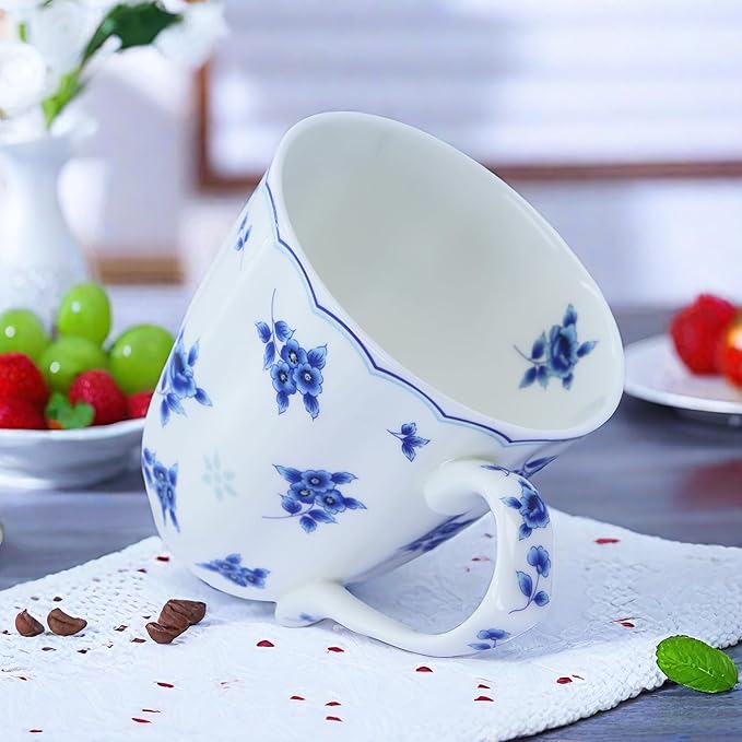 14oz Bone China Coffee Mug Floral Bone Mug Cute Coffee Mug Teacup for Women Mom Friend (blue floral)