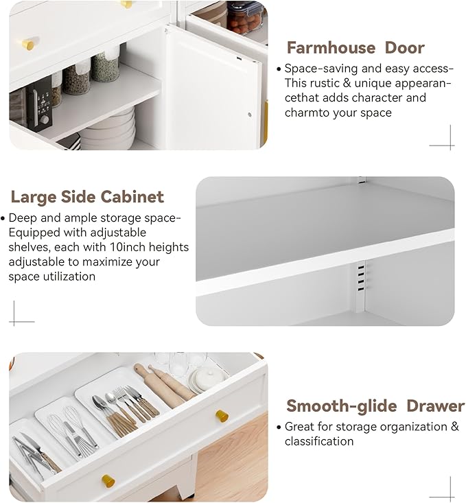 Kitchen Storage Cabinet with Drawers and Doors,Farmhouse Pantry Cabinet with Adjustable Shelves,Floor Sideboard and Buffet Server for Living Room,Dining Room,Bathroom,White