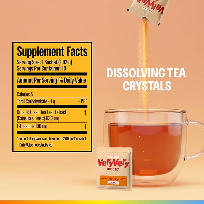 VeryVery Good Tea, Peach Energy With Green Tea Caffeine and L Theanine, Dissolving Crystals for Hot or Cold Drinks, Sugar Free Functional Powder Drink Mix, Vegan, Gluten Free, Non GMO, 10 Servings