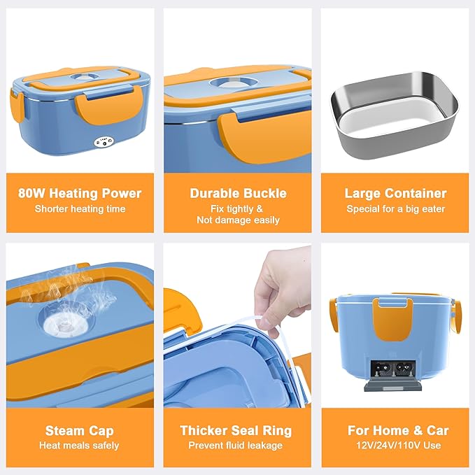 Heated Lunch Boxes for Adults, 80W Electric Lunch Box Food Heated 12/24/110V 1.5L Heatable Lunch Box for Car/Truck Leak-Proof Removable Stainless Steel Container, Fork & Spoon, Bag