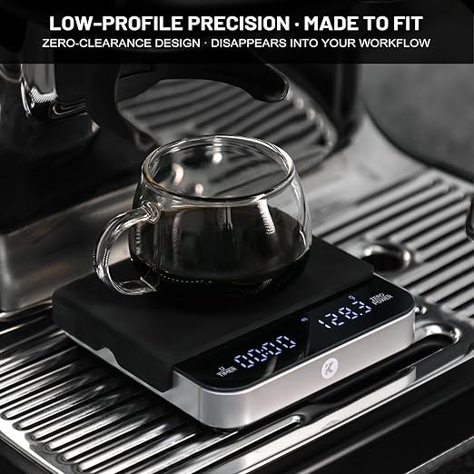 KitchenTour CaféMetric Coffee Scale with Timer 0.1g/2000g - Precision Small Scale for Espresso & Pour Over - Mini Scale with LED Display (Silver, AAA Battery)
