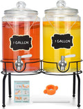 1 Gallon Beverage Dispenser 2 Pack, Stainless Steel Spigot Drink Dispenser for Parties with Stand, Clear Glass Drink Container Easy to Refill and Clean