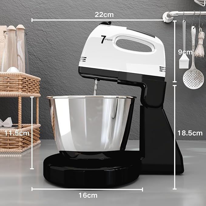 Stand Mixers, 7 Speeds With 3QT Stainless Steel Bowl, Stand and Hand Mixer with Dough Hook, Whisk, Mixing Beater for Baking, Cake, Cookie, Kneading (GU1)