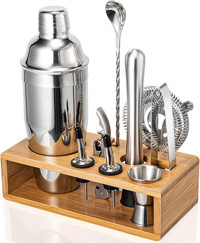 Cocktail Shaker Set, Mixology Bartender Kit 10-Piece Bar Tools Set with Stylish Bamboo Stand, Bar kit: Martini Shaker Muddler Jigger with All Essential Accessory Tools Gifts for Men Dad