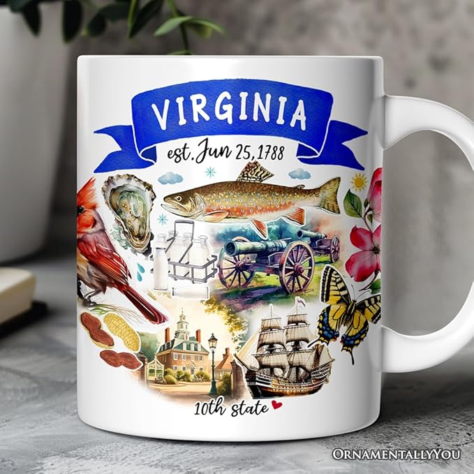 OrnamentallyYou State Travel Landmark Mugs – 12 oz Ceramic Coffee Cups, U.S. Souvenir Gift for Tourists (Artistic Virginia State Themes and Landmarks Mug)