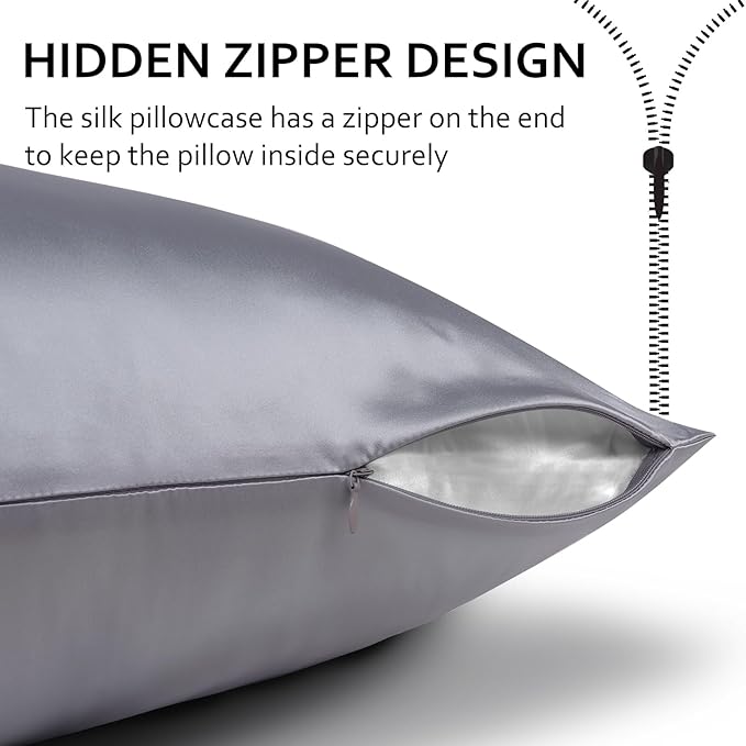 Ravmix Silk Pillowcases 2 Pack for Hair and Skin with Hidden Zipper, Both Sides 21Momme Mulberry Silk Pillow Cases Set of 2, Queen Size 20×30inches, Lilac Grey