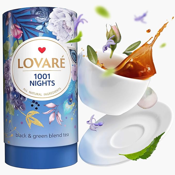 LOVARE 1001 Nights Loose Leaf Tea 80 g - Made in Ukraine - Black and Green Tea, Apple, Cornflower, Calendula, Rose, Safflower Petals, Rosebuds - Gift Box with 15 Paper Filters