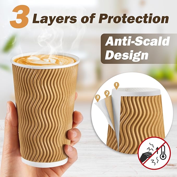 SIUQ 16 oz Coffee Cups-90 Pack Disposable Coffee Cups with Lids and Straws, Insulated Ripple Wall To Go Paper Coffee Cup for Coffee, Juice, Hot Chocolate and Hot Tea Drinks - Champagne