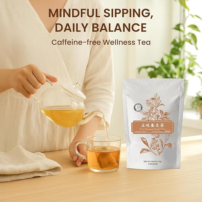 Five Element Herbal Tea Bags With American Ginseng, Chrysanthemum, Goji Berry, Jujube, And Citrus Peel | Herbal Blend For Immunity, Balance, And Vitality | 5 Count Wellness Tea Bags