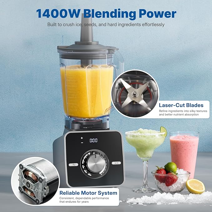 Home Blender, 1400W High-Speed Blender for Ice Crushing Power, Stainless Steel Blades, Kitchen Timer, 10 Speeds, 6 Programs for Smoothies, Frozen Drinks, Self-Cleaning, 64oz Bulk Production
