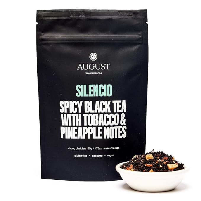 August Uncommon Silencio Holiday Tea – Dried Pineapple, Cacao Shell & Assam Loose Leaf Black Tea – Vegan, Gluten-Free, Non-GMO – Bold, Tropical Flavor to Warm Winter Moments (1.8oz)