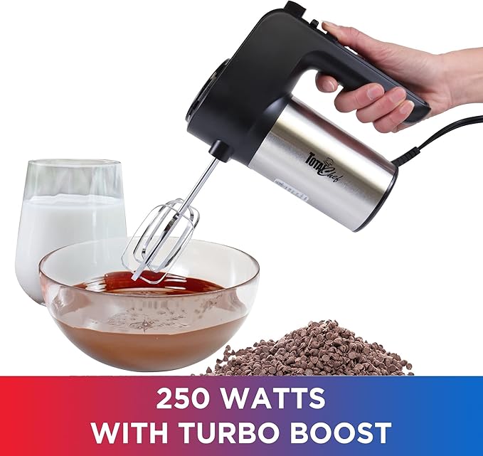 Total Chef Electric Hand Mixer – 6 Speed Handheld Blender, Electric Egg Beater with Whisk, Beater, Dough Hooks, Storage Case, Turbo Boost for Cake Mix, Batidora de Mano Eléctrica