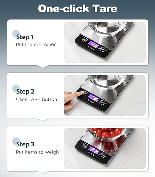 Atogou Food Scale, 33lb Rechargeable Kitchen Scale with Full-View Backlit LCD Display, Waterproof Stainless Steel Surface, Type-C Charging, Grams and Ounces for Baking, Cooking, Food Black