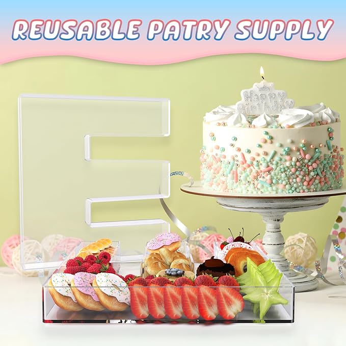 11" Acrylic Letter Charcuterie Box, Reusable Fillable Alphabet Number Shaped Form Tray for Birthday Anniversaries, Party Decorative Serving Plates Display Candy Cake (E)