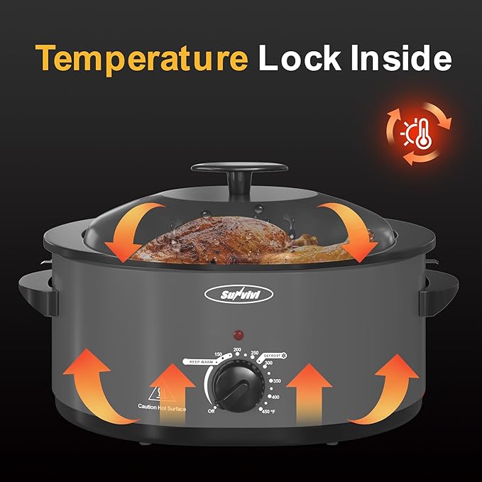 Sunvivi Roaster Oven with Self-Basting Lid, Electric 8-Quart Turkey Roaster Oven with Removable Pan and Rack, Stainless Steel, Grey