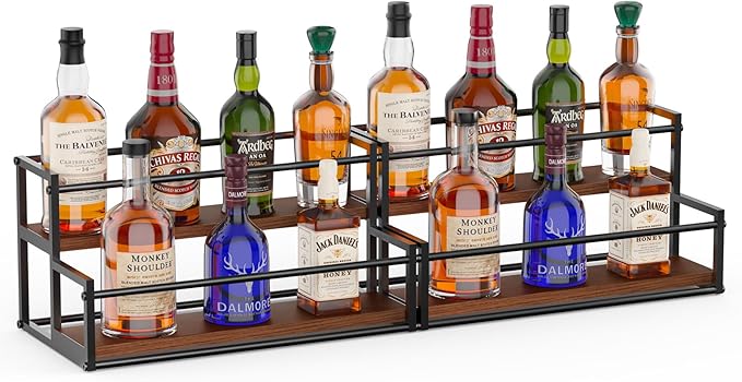 THYGIFTREE 2 Pack Liquor Bottle Display Shelf 2 Tier Rack Holder Bar Shelf Stand for Wine Whiskey Risers Organizer Kitchen Countertop