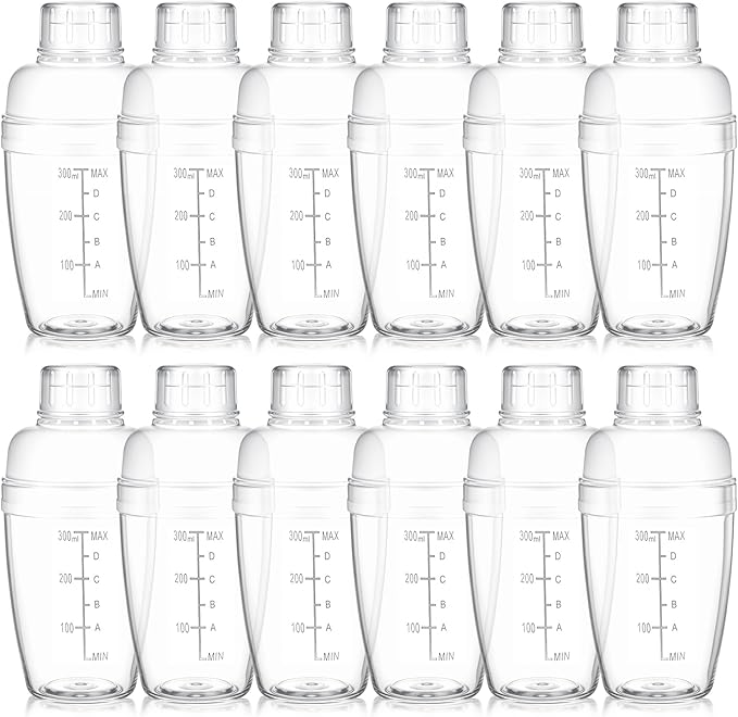12 Pcs Plastic Cocktail Shaker Drink Mixer with Scales and Strainer Top Clear Shaker Cup with Measurement Plastic Bar Mixing Tool for Tea Coffee Bubble Tea Milk(350 Cc/ 12 oz)