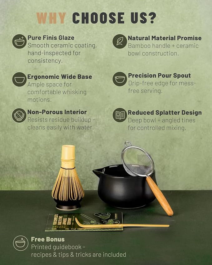 Nucookery Matcha Whisk Set - 5 Pcs Matcha Set with 18oz Ceramic Matcha Bowl (Chawan) with Spout, Bamboo Whisk & Holder, Scoop and Sifter | Complete Matcha Kit for Japanese Tea Ceremony (Black)