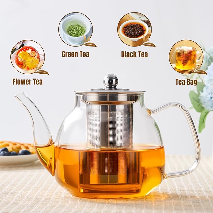 PARACITY Glass Teapot Stovetop 34 OZ, Borosilicate Clear Tea Kettle with Removable 18/8 Stainless Steel Infuser, Teapot Blooming and Loose Leaf Tea Maker Tea Brewer for Camping, Travel