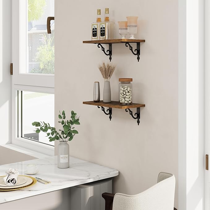 RICHFOCUS Floating Shelves for Wall Decor, 8 Inch Deep Floating Shelves Set of 2, 16W x 8D Shelves Wall Mounted with Metal Brackets, Wood Shelves for Living Room Bedroom Kitchen, Rustic Brown