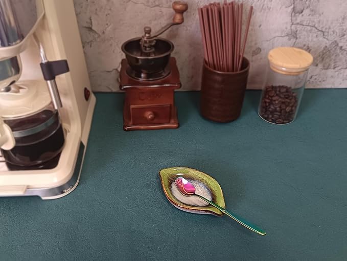 Coffee Spoon and Rest for Coffee Bar Accessories, Leaf Small Spoon Rest for Coffee Station, Tea Spoon Rest Tea Spoon Holder Teaspoon Rest, 1 PC (Retro Grass Green with Rainbow Rose Spoon)