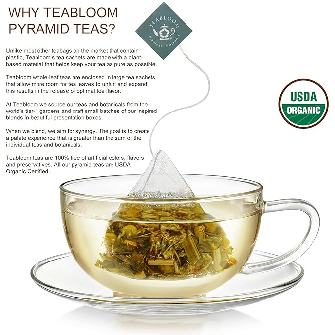 Teabloom Radiant Greens – Organic Green Tea Sampler with 12 Plant-Based Pyramid Sachets, Jasmine Pearls, Minted Mango Peach & Pineapple Ginger, Gift-Ready Presentation Box for Tea Lovers