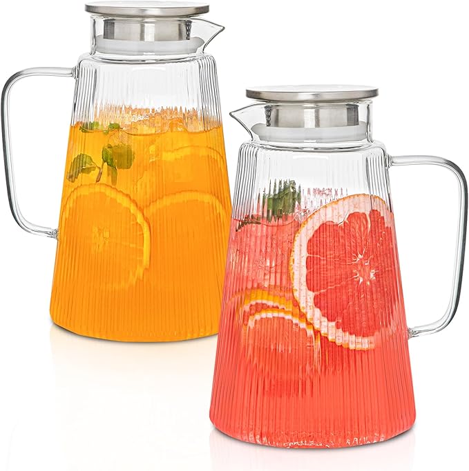 2PCS Ribbed Glass Pitcher Set – 71oz Heat-Resistant Beverage Jugs with Lid for Water, Iced Tea, Juice, Coffee – Large Borosilicate Carafes for Hot & Cold Drinks, Elegant Serving Pitchers (Clear-2PCS)